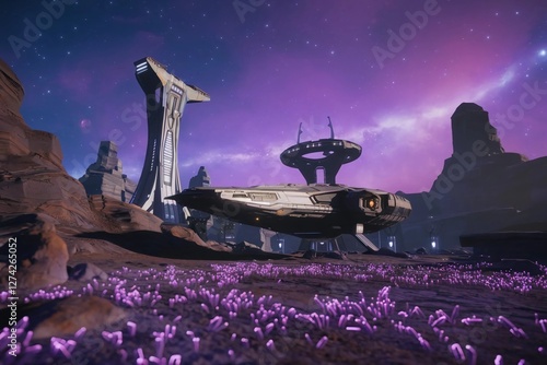 Stunning cosmic landscape with futuristic habitat alien planet digital art twilight environment wide-angle view sci-fi concept, Vibrant Purple Celebration Sweeps Through Paris During the 2025 Olympic 