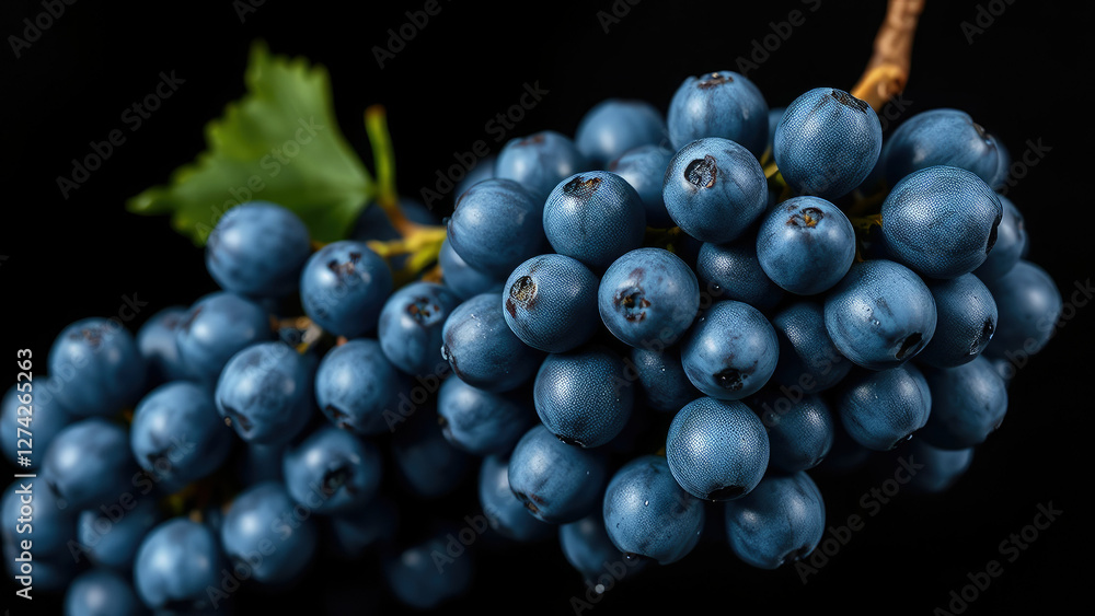 Fresh blue grapes with water splashes on dark background, fruit, texture, natural Fresh blue grapes with water splashes on dark background, fruit, texture, natural