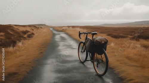 A bicycle is parked on a road in a field