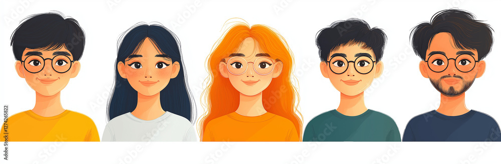 A set of cute and smiling cartoon characters on a white background, A set of cute and smiling cartoon characters on a white background,