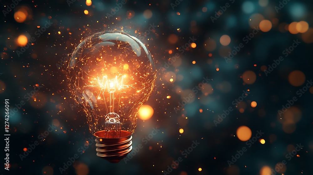 Naklejka premium Glowing lightbulb, sparks, dark. Idea, innovation