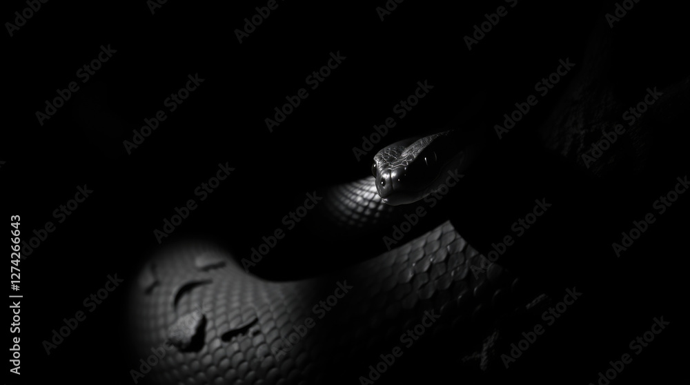 black poisonous snake in a threatening pose on a black background