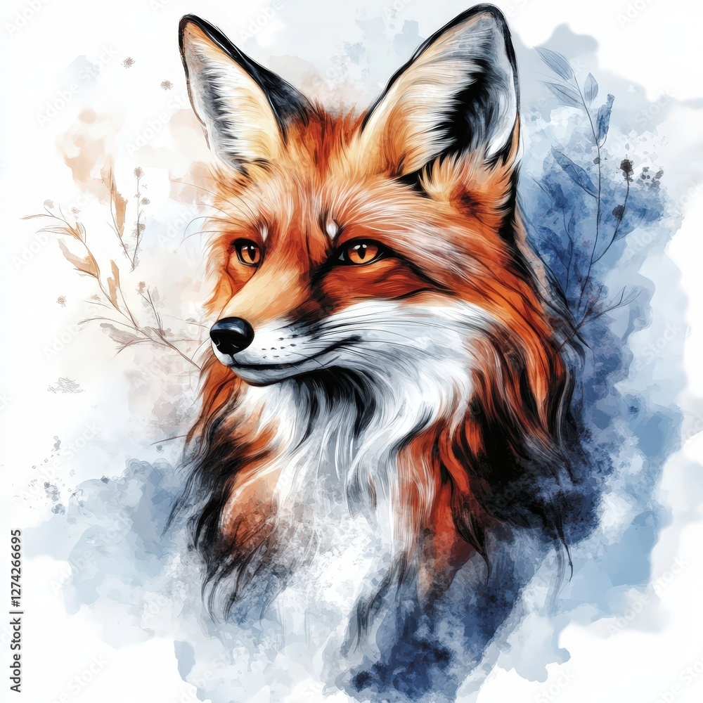 Fototapeta premium Colorful Fox Digital Art: Realistic Wildlife Animal Illustration with Vibrant Nature Details