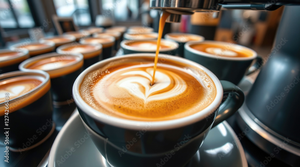 close-up of freshly brewed cappuccino with latte art being poured from a coffee machine, surrounded by multiple cups in a cafe setting