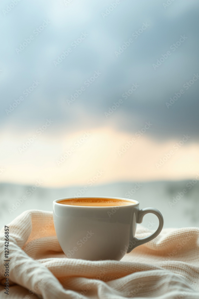 steaming cup of coffee on a soft blanket with a blurred scenic view, space for text