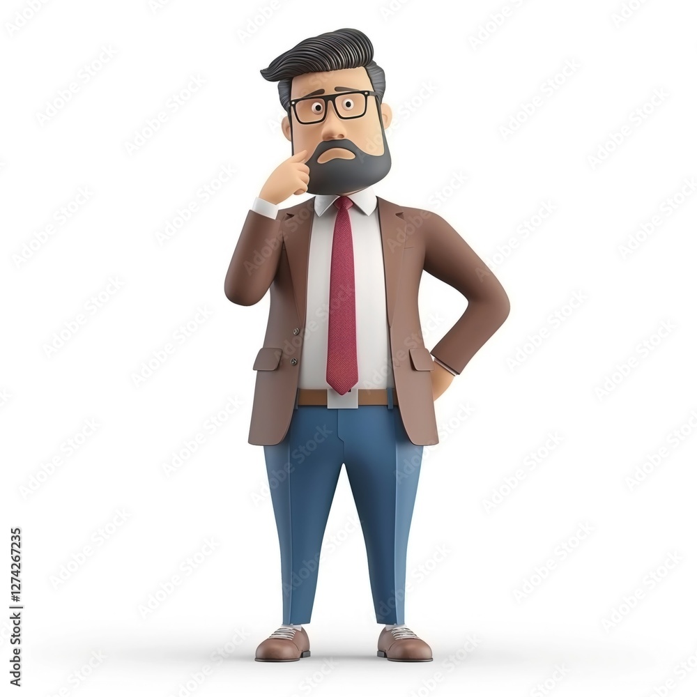 A modern business person in his 40s displays a thoughtful expression with hand on chin. He is dressed in professional attire, set against a clean white background A modern business person in his 40s displays a thoughtful expression with hand on chin. He is dressed in professional attire, set against a clean white background