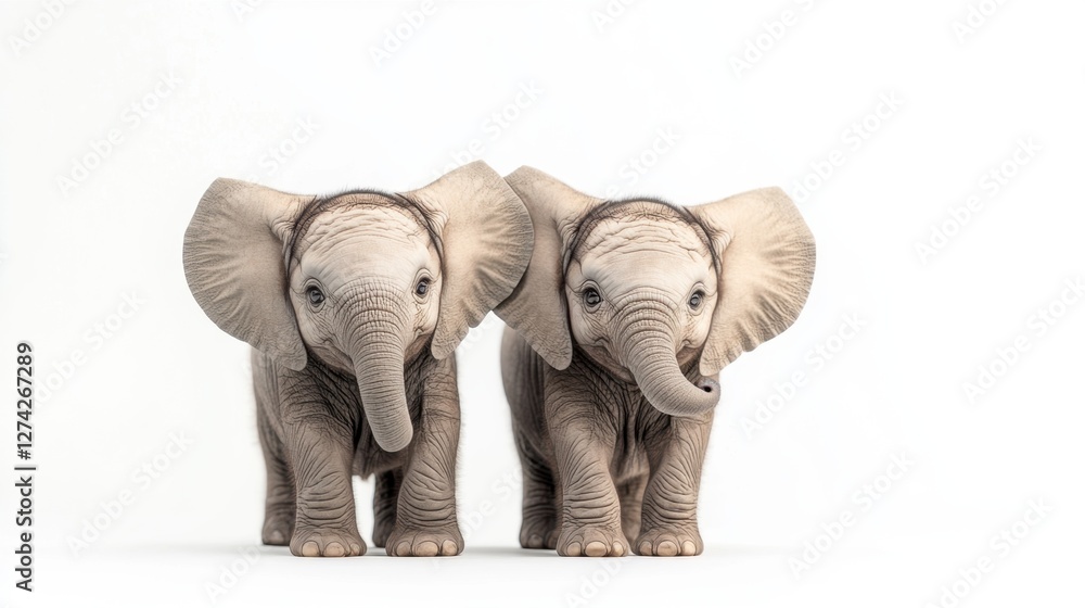 Fototapeta premium Two elephants standing side by side in a natural outdoor setting with grass and trees in the background