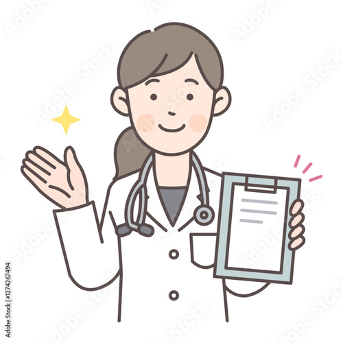 人物_線画03_カルテを見せながら案内する女医さん_ol