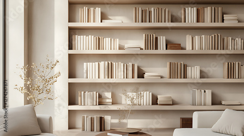 A white room with a large bookcase filled with books