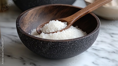 Wooden spoon resting on a bowl filled with Celtic sea salt crystals