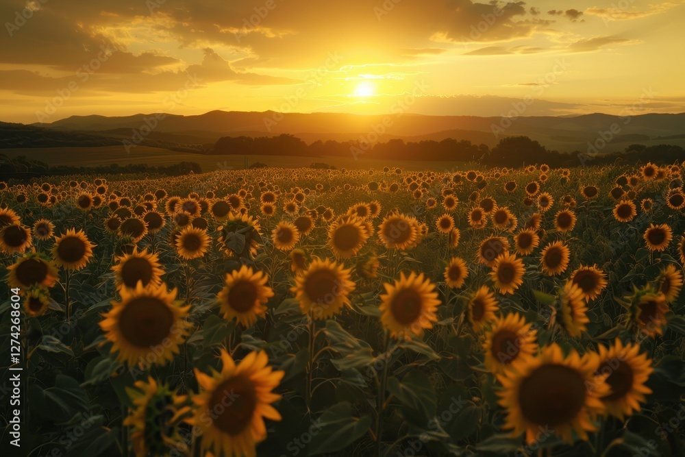 Fototapeta premium Sunflowers bloom under the golden sunset skies in a vibrant field during late summer afternoon
