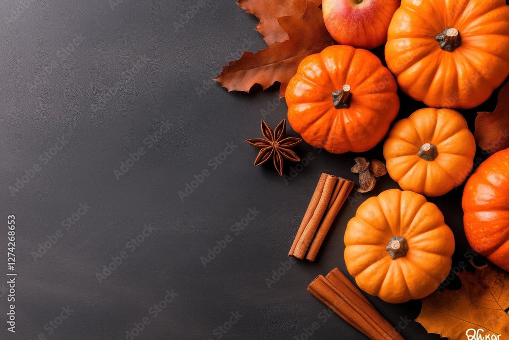 Rustic autumn harvest display featuring pumpkins, apples, and cinnamon sticks on a wooden table Rustic autumn harvest display featuring pumpkins, apples, and cinnamon sticks on a wooden table