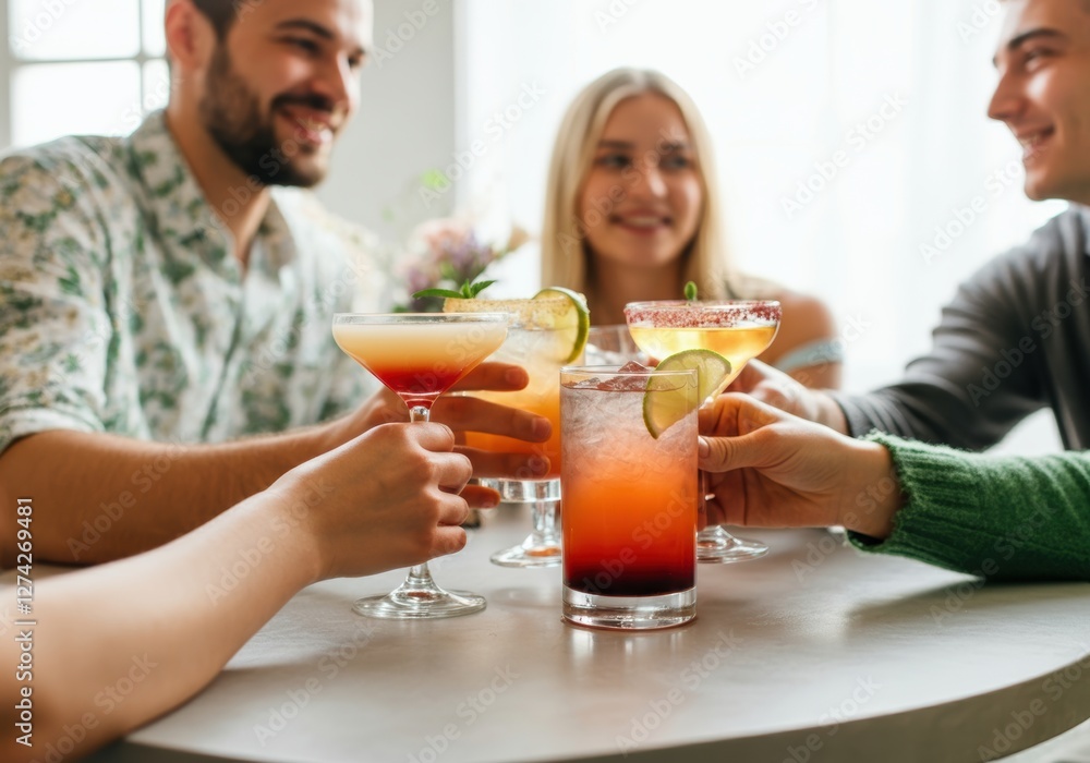 Friends toasting with colorful cocktails at a lively gathering Friends toasting with colorful cocktails at a lively gathering