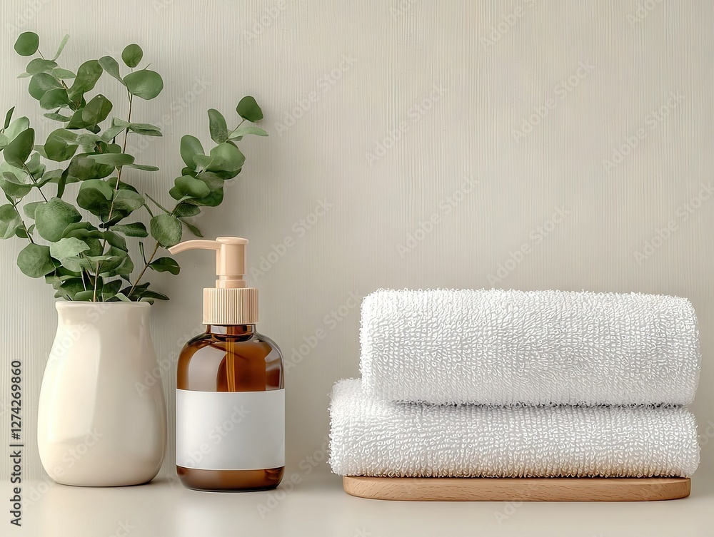 Relaxing bathroom scene with towels and natural elements home spa environment minimalist viewpoint Relaxing bathroom scene with towels and natural elements home spa environment minimalist viewpoint