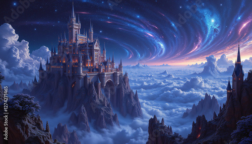 A Cosmic Castle That Rises Majestically On The Horizon, Nestled Between Towering, Ethereal Mountains That Shimmer With An Otherworldly Glow photo