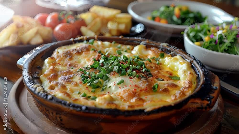 Creamy potato gratin garnished with chives, accompanied by golden crisp fries and verdant salad greens on rustic ceramic plate Creamy potato gratin garnished with chives, accompanied by golden crisp fries and verdant salad greens on rustic ceramic plate