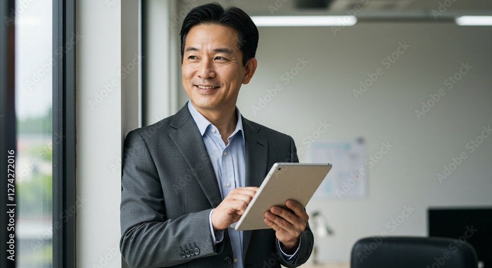 Asian Businessman Using Tablet in Office Thinking About Future Projects Asian Businessman Using Tablet in Office Thinking About Future Projects