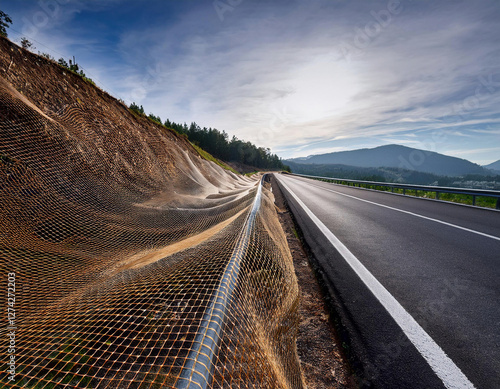 A paved highway stretches into the distance alongside a steep hillside covered with protective mesh, under a partly cloudy sky with mountains in the background.