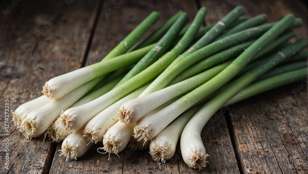 Freshly harvested leeks on rustic wooden table Freshly harvested leeks on rustic wooden table