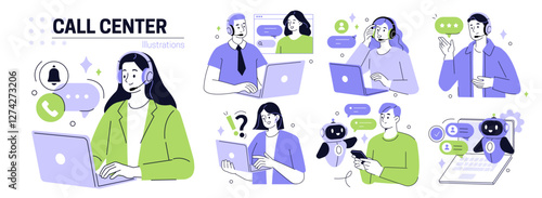 Call center set. Characters using artificial intelligence generative tools for communication. Helpdesk, hotline, customer support service concept. Vector illustration.
