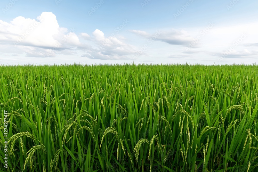 green rice field under bright sky, natural farm scenery green rice field under bright sky, natural farm scenery