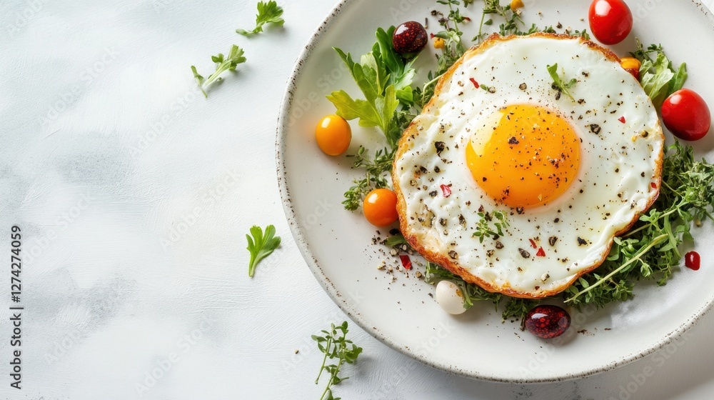 Plate of food featuring a perfectly cooked fried egg on top with various colorful vegetables and side ingredients Plate of food featuring a perfectly cooked fried egg on top with various colorful vegetables and side ingredients
