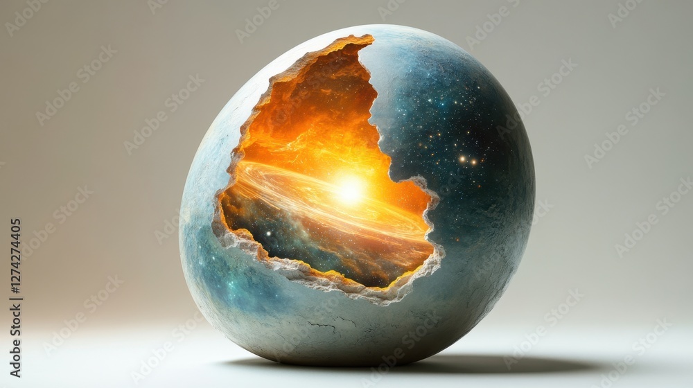 Broken egg with a hole in the middle revealing the interior and yolk on a neutral background Broken egg with a hole in the middle revealing the interior and yolk on a neutral background
