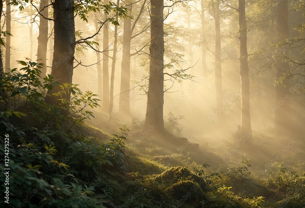 Obraz premium Mysterious Morning Light Filters Through a Tranquil Forest Landscape. Generative AI