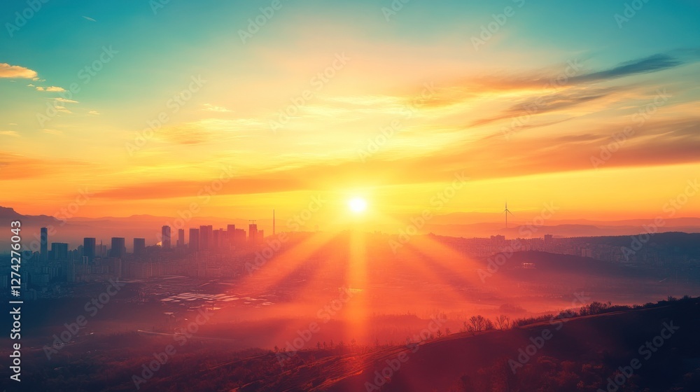 Obraz premium Vibrant sunrise over misty city skyline.