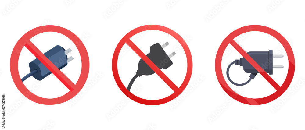 No Plug Symbol Vector set Electrical Safety, Power Plug Warning, Do Not Use Icon, Red Prohibition Sign No Plug Symbol Vector set Electrical Safety, Power Plug Warning, Do Not Use Icon, Red Prohibition Sign