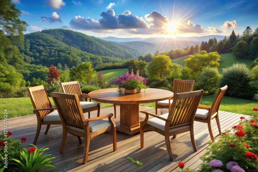 Serene 3D rendered landscape: round table, chairs amidst idyllic outdoor scenery. Serene 3D rendered landscape: round table, chairs amidst idyllic outdoor scenery.
