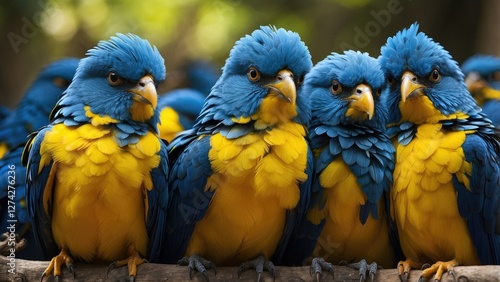 A vivid image featuring a bright yellow bird standing out among a large group of uniformly colored blue birds. photo