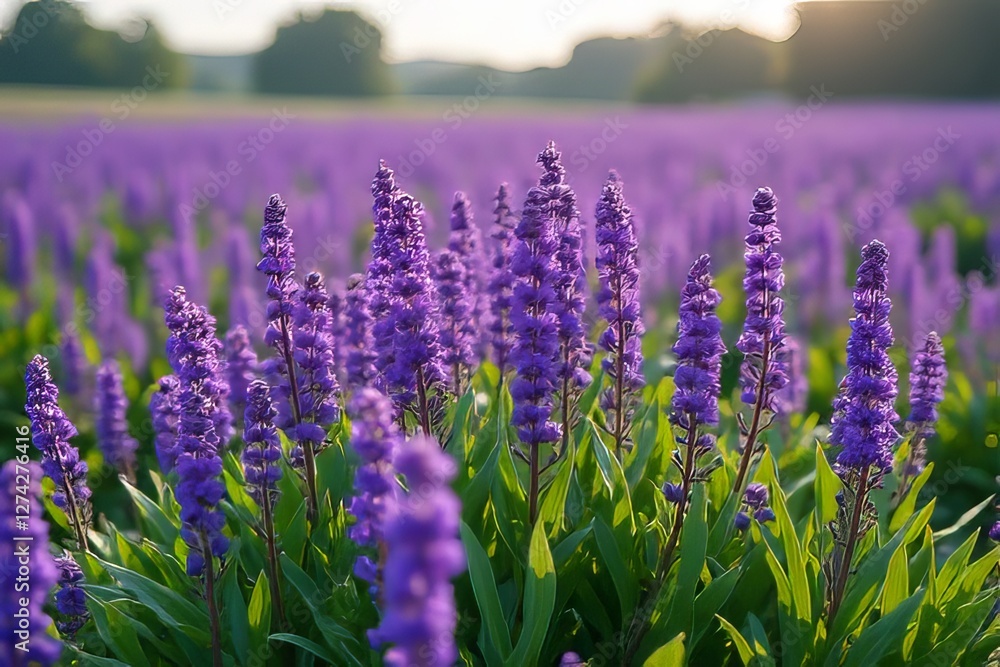 Naklejka premium Vibrant Purple Flowers Blooming in a Field - A Stunning Display of Nature's Beauty