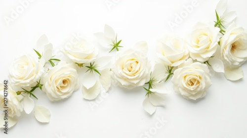 Beautiful Arrangement of White Roses and Petals on a Plain Background