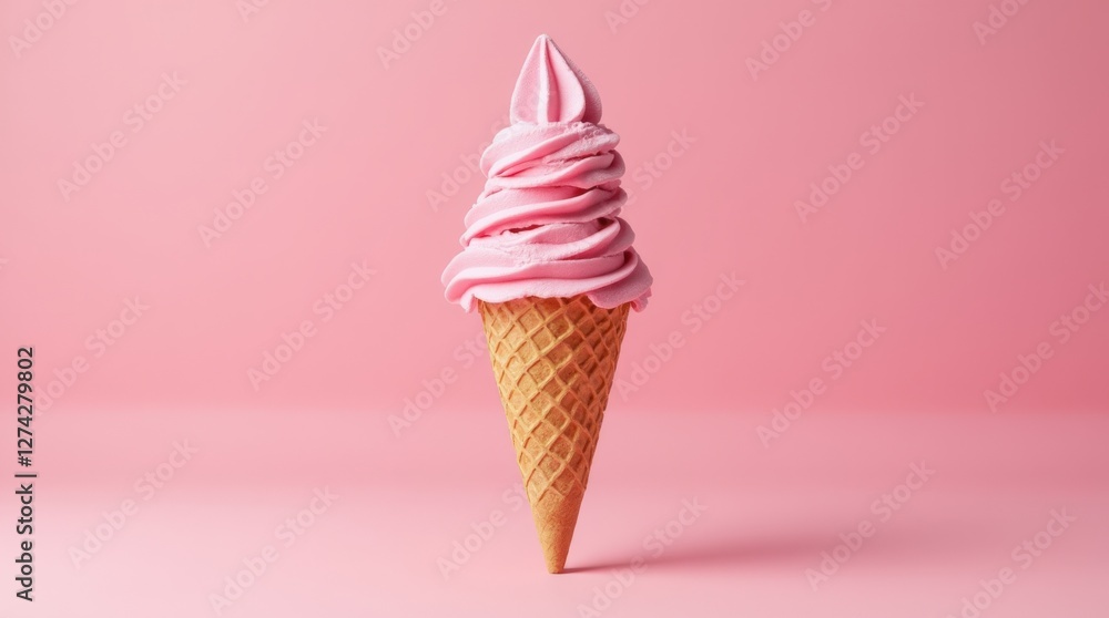 Indulging in a Delicious Pink Ice Cream Cone on a Soft Pink Background Indulging in a Delicious Pink Ice Cream Cone on a Soft Pink Background
