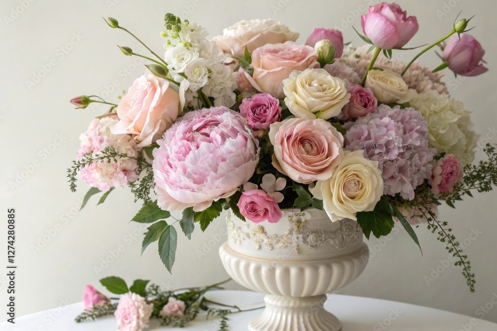 Elegant floral arrangement with long-stemmed roses peonies and hydrangeas, elegant wedding, peonies Elegant floral arrangement with long-stemmed roses peonies and hydrangeas, elegant wedding, peonies