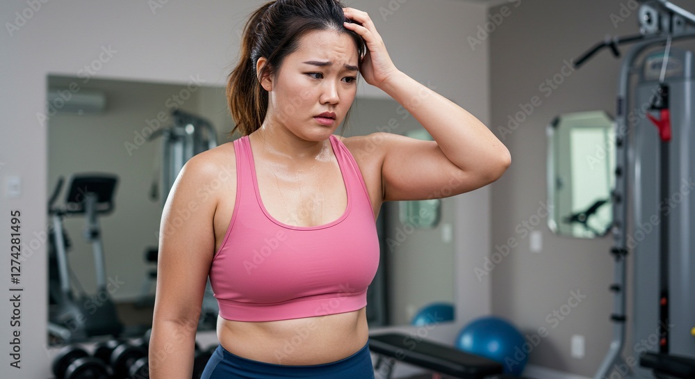 Exhausted Woman in Gym Touching Head After Intense Workout Session Exhausted Woman in Gym Touching Head After Intense Workout Session