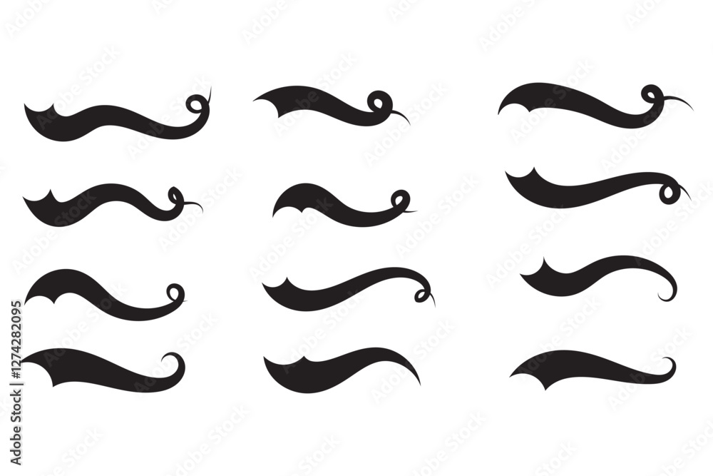 Swoosh and Swash tail set Calligraphic. Sport logo typography elements. Texting letters tail for lettering or baseball club. Vector illustration in EPS 10. Swoosh and Swash tail set Calligraphic. Sport logo typography elements. Texting letters tail for lettering or baseball club. Vector illustration in EPS 10.
