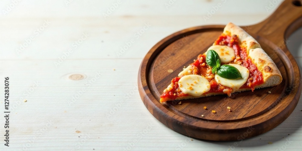 A single slice of delicious cheesy pizza, served on a rustic wooden board, rests on a light wood background. A single slice of delicious cheesy pizza, served on a rustic wooden board, rests on a light wood background.