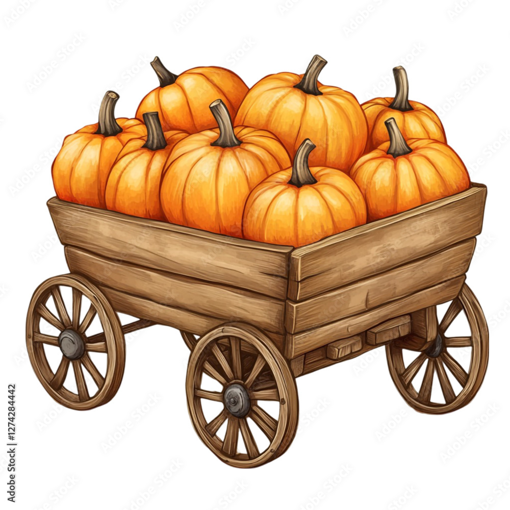 Fototapeta premium A rustic wooden wagon overflowing with vibrant orange pumpkins a joyful autumn harvest scene