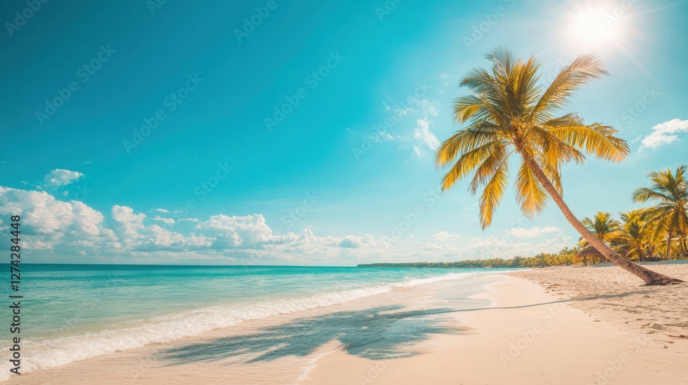 Obraz premium Tropical Beach Scene with Palm Trees and Clear Blue Ocean Water