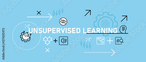 Unsupervised learning conceptual smart machine technology data self-learning training system development processing decision making AI artificial intelligence icon design illustration