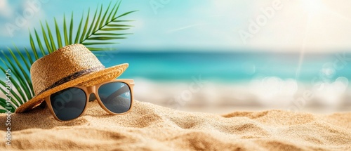 Relaxing Summer Scene with Sunglasses and Straw Hat on Beach