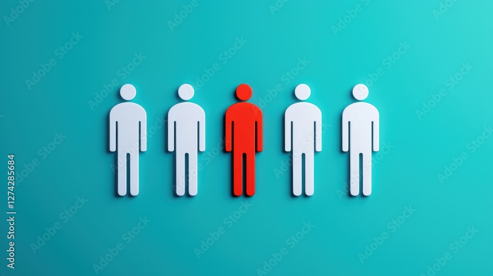A striking visual showing five figures, with one highlighted in red, symbolizing individuality or distinction among a group. A striking visual showing five figures, with one highlighted in red, symbolizing individuality or distinction among a group.