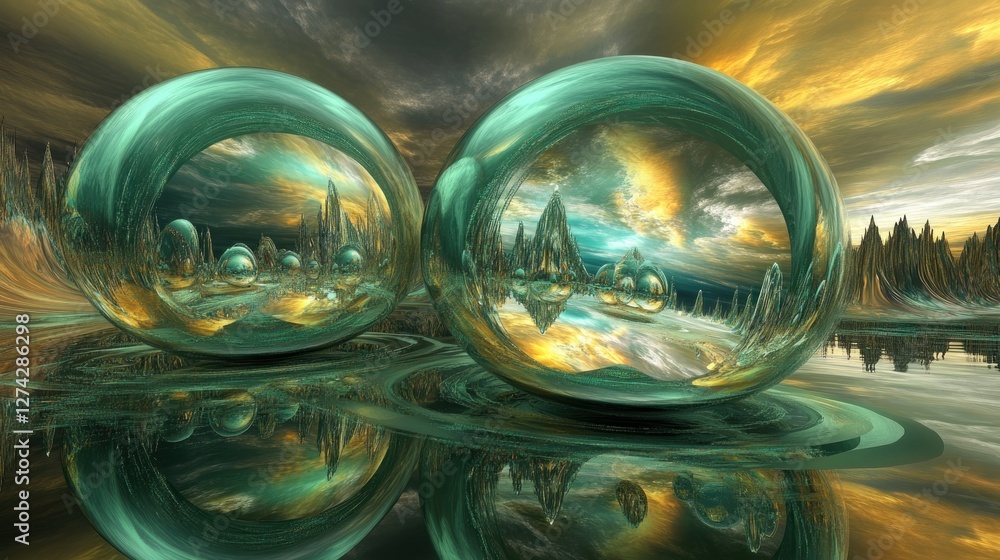 Emerald Spheres Encapsulate A Golden Alien Cityscape Emerald Spheres Encapsulate A Golden Alien Cityscape