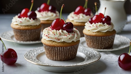 Cream cakes with cherries on a plate