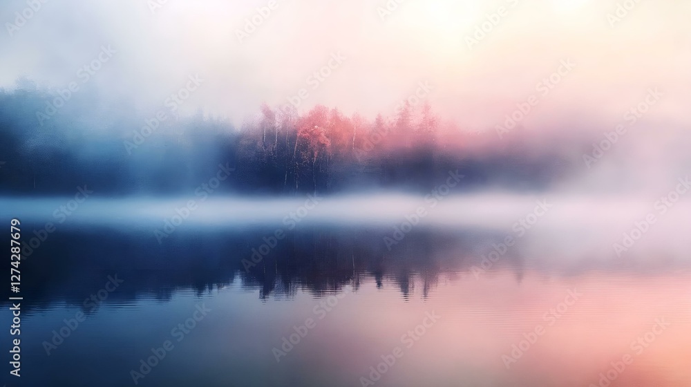 Misty Pink and Blue Lake, serene photography, tranquil dawn reflection Misty Pink and Blue Lake, serene photography, tranquil dawn reflection
