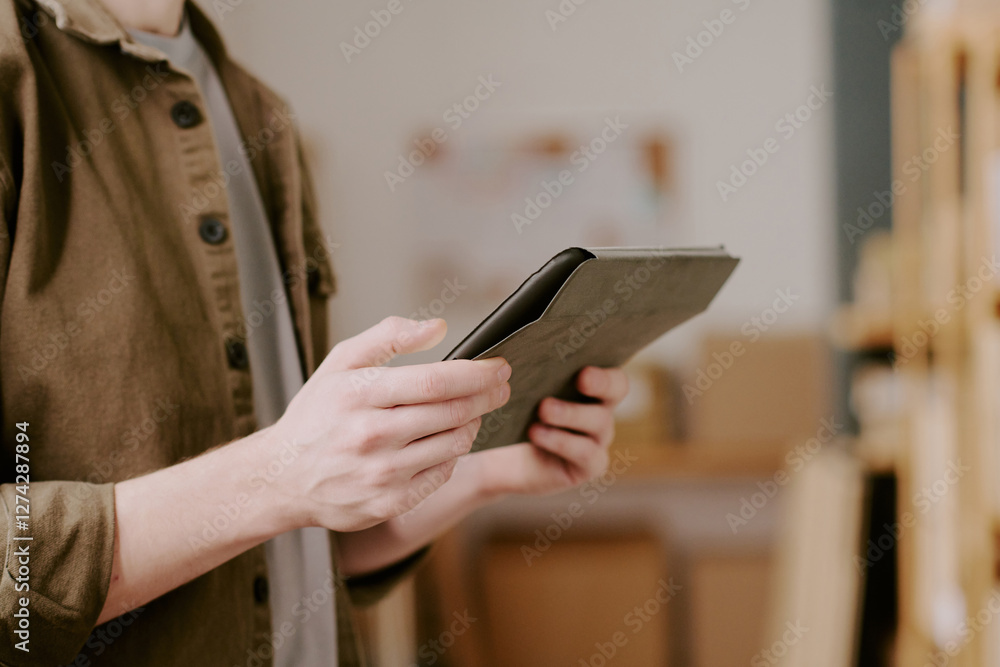 Fototapeta premium Person using digital tablet while standing in modern office setting, focusing on work-related tasks with shelves in background