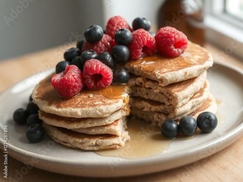 A stack of fluffy oat pancakes topped with fresh raspberries, blueberries, and a drizzle of maple syrup, served on a neutral ceramic plate. 