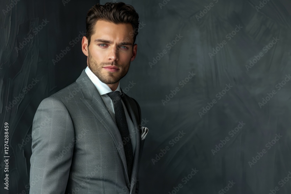 Young caucasian male in gray suit posing against dark wall. Neural network AI generated Young caucasian male in gray suit posing against dark wall. Neural network AI generated